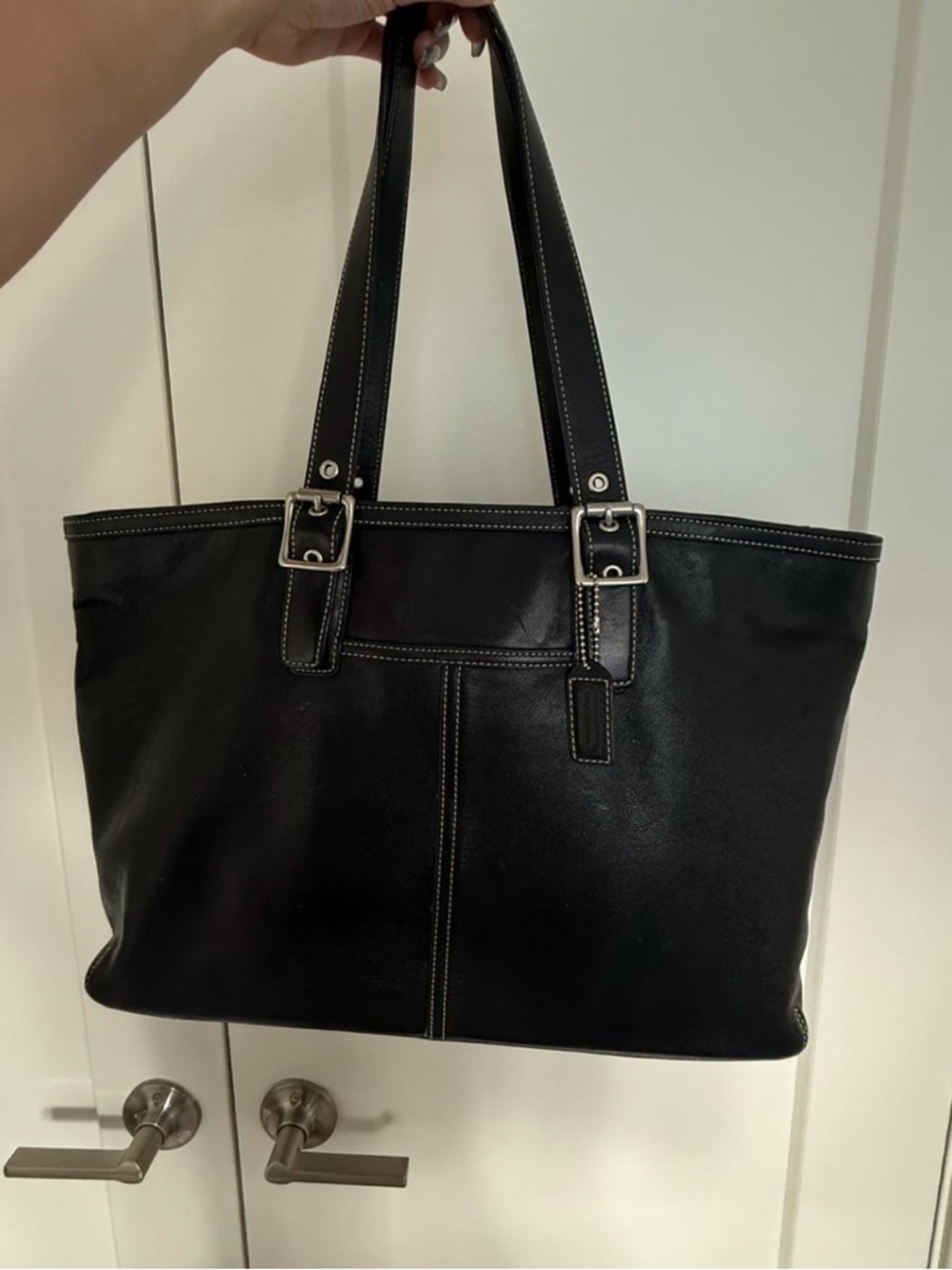 Vintage Coach Classic Black Leather Tote Bag with Contraste Stitching